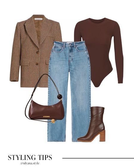 A plaid blazer paired with a bodysuit, straight leg jeans, brown booties, and handbag makes a trendy fall outfits idea. 
.
.
.
.
.
.
.
.
Blazer outfit | blazer and jeans | brown blazer | double breasted blazer | casual blazer outfit | fall blazer | houndstooth blazer | bodysuit outfits | brown bodysuit | skims bodysuit | jeans outfit | Abercrombie jeans | jeans and boots | high waisted jeans | high rise jeans | straight jeans | fall shoes | ankle booties | brown leather booties | fall boots | outfit ideas | outift inspo | casual fall outfits | casual outfits | designer bags | fall bags | brown bag 

#LTKHolidaySale #LTKGiftGuide #LTKSeasonal #LTKFind #LTKunder50 #LTKunder100 #LTKHoliday #LTKU #LTKsalealert #LTKfindsunder50 #LTKfindsunder100 #LTKstyletip #LTKworkwear #LTKtravel #LTKshoecrush #LTKitbag 