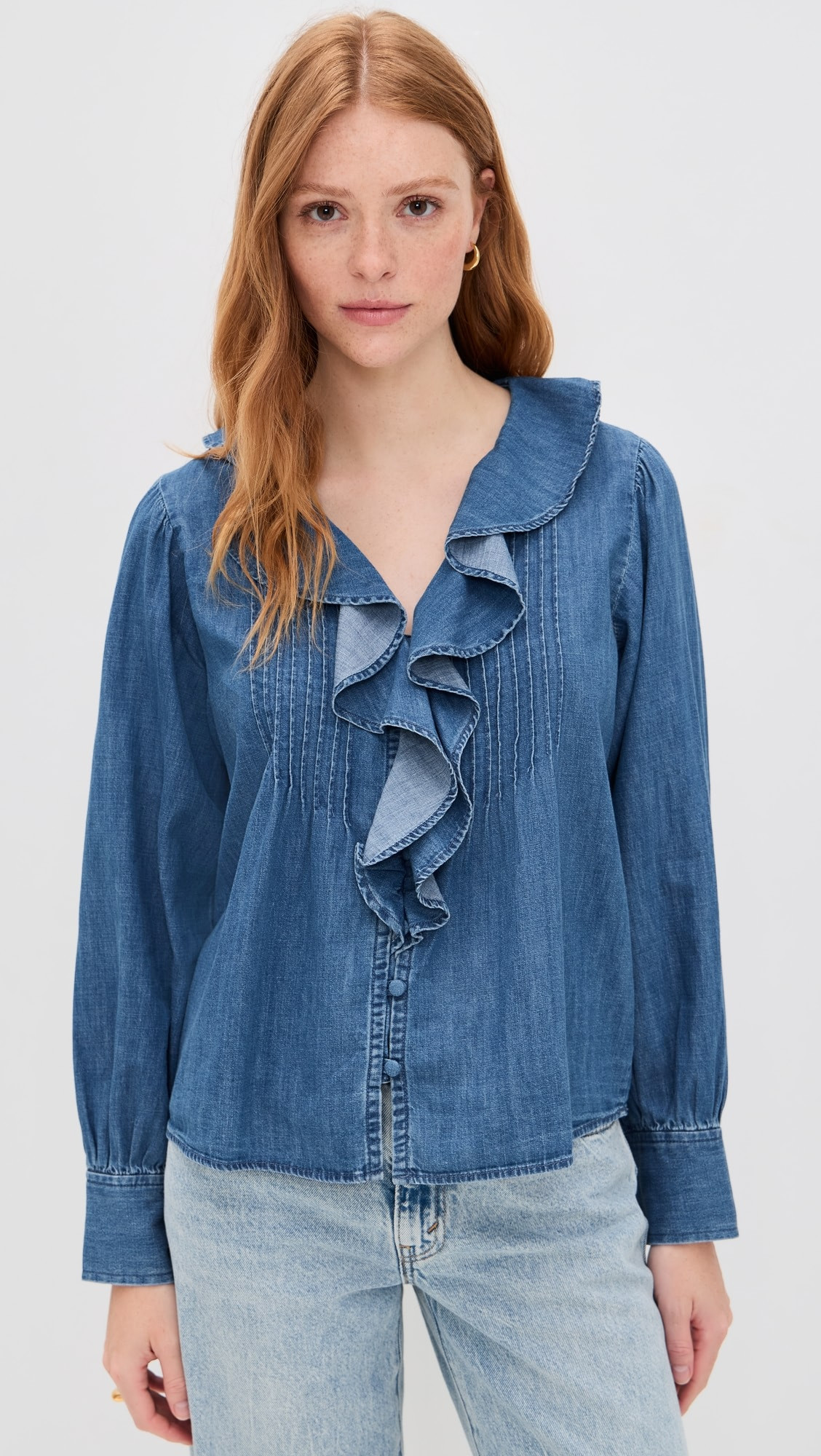 Denim Ruffled Pintuck Top | Shopbop