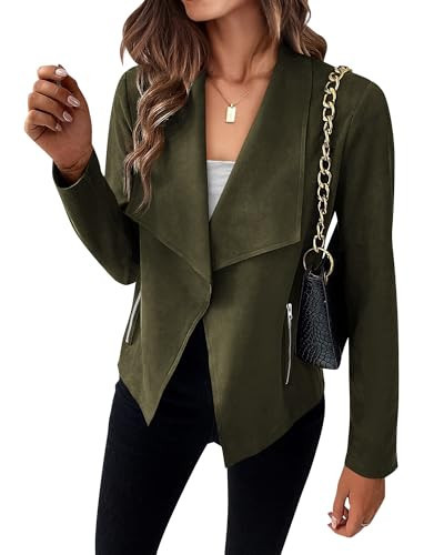 KIRUNDO Womens 2024 Fall Jackets Fashion Long Sleeve Open Front Crop Faux Suede Leather Bike Jackets Winter Coats(Army Green, Large) | Amazon (US)