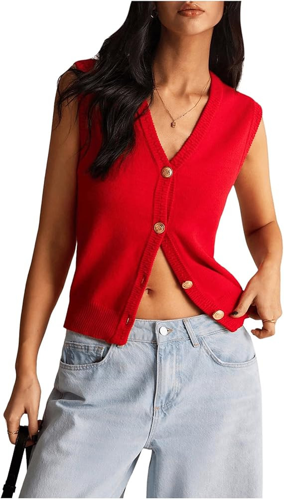 MakeMeChic Women's Sleeveless V Neck Sweater Vests Button Down Knit Tops | Amazon (US)