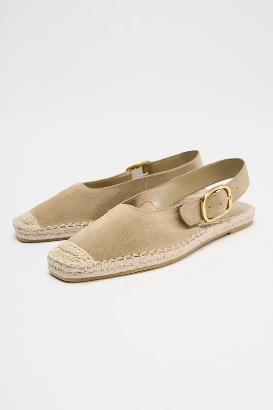 Split suede flat slingback shoes. Detail on the front. Back strap with adjustable buckle. Braided... | Zara US