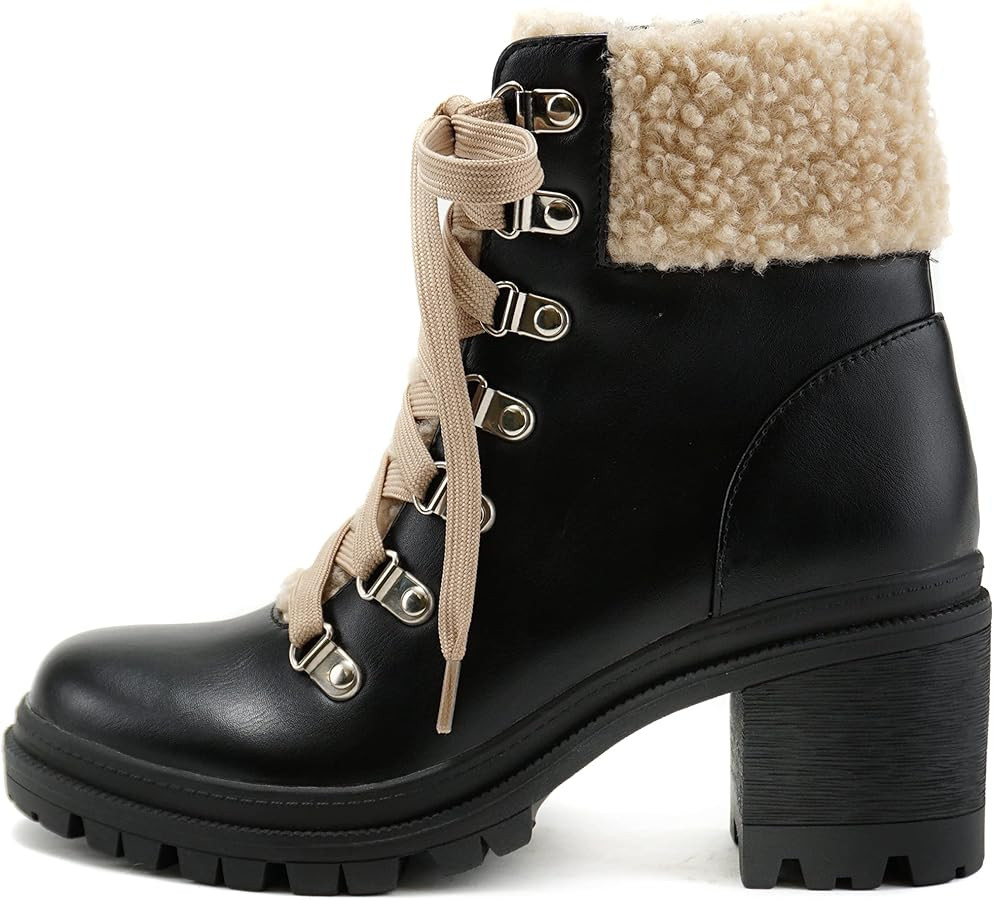 Soda KEYNOTE ~ Women Chunky Lug Sole Faux Fur D-Ring Lace-up Fashion Combat Ankle Boot w/Side Zip... | Amazon (US)