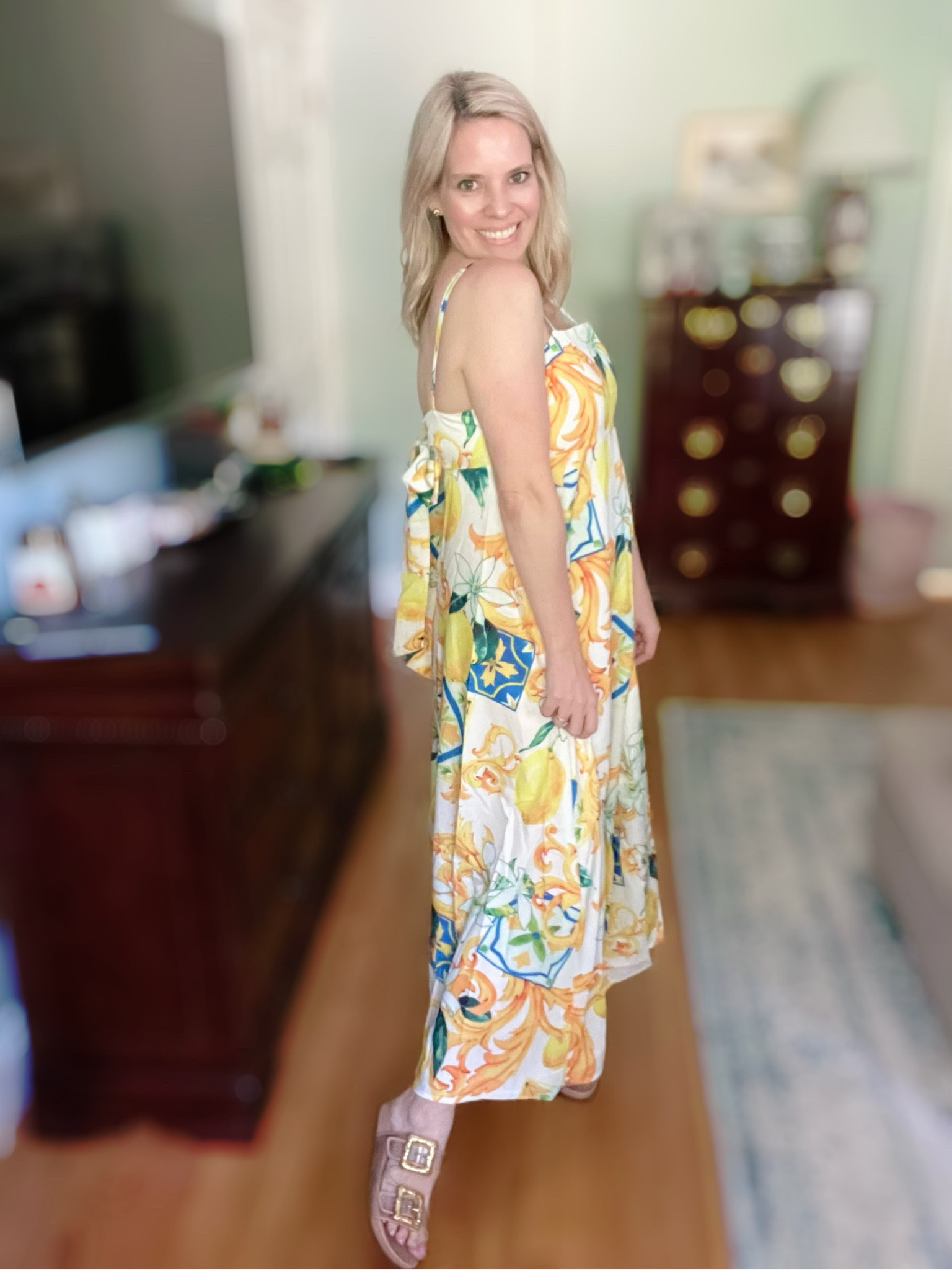 Lemon print tie back maxi dress, vacation dress 

#LTKOver40 #LTKFindsUnder100 #LTKFindsUnder50