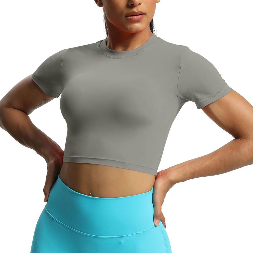 Aoxjox Short Sleeve Crop Tops for Women Classic Longline Workout Crop T Shirt Top | Amazon (US)