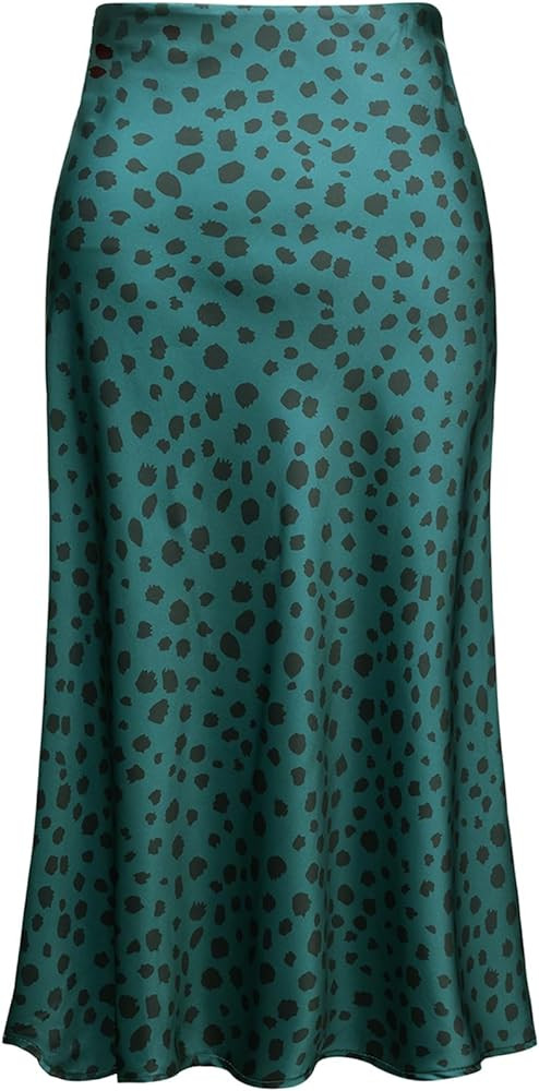 Womens Leopard Print Skirt Trendy Summer Midi Long Length Silk Satin High Waist Elastic Skirts | Amazon (US)