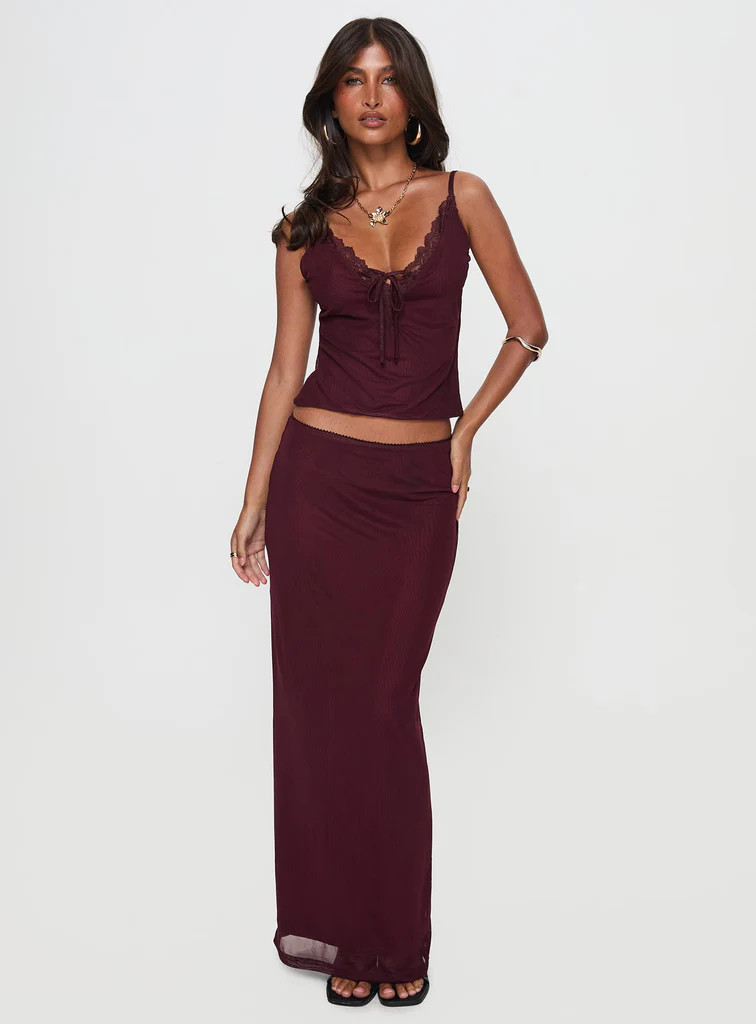 Reiko Lace Trim Tie Front Maxi Set Burgundy | Princess Polly US