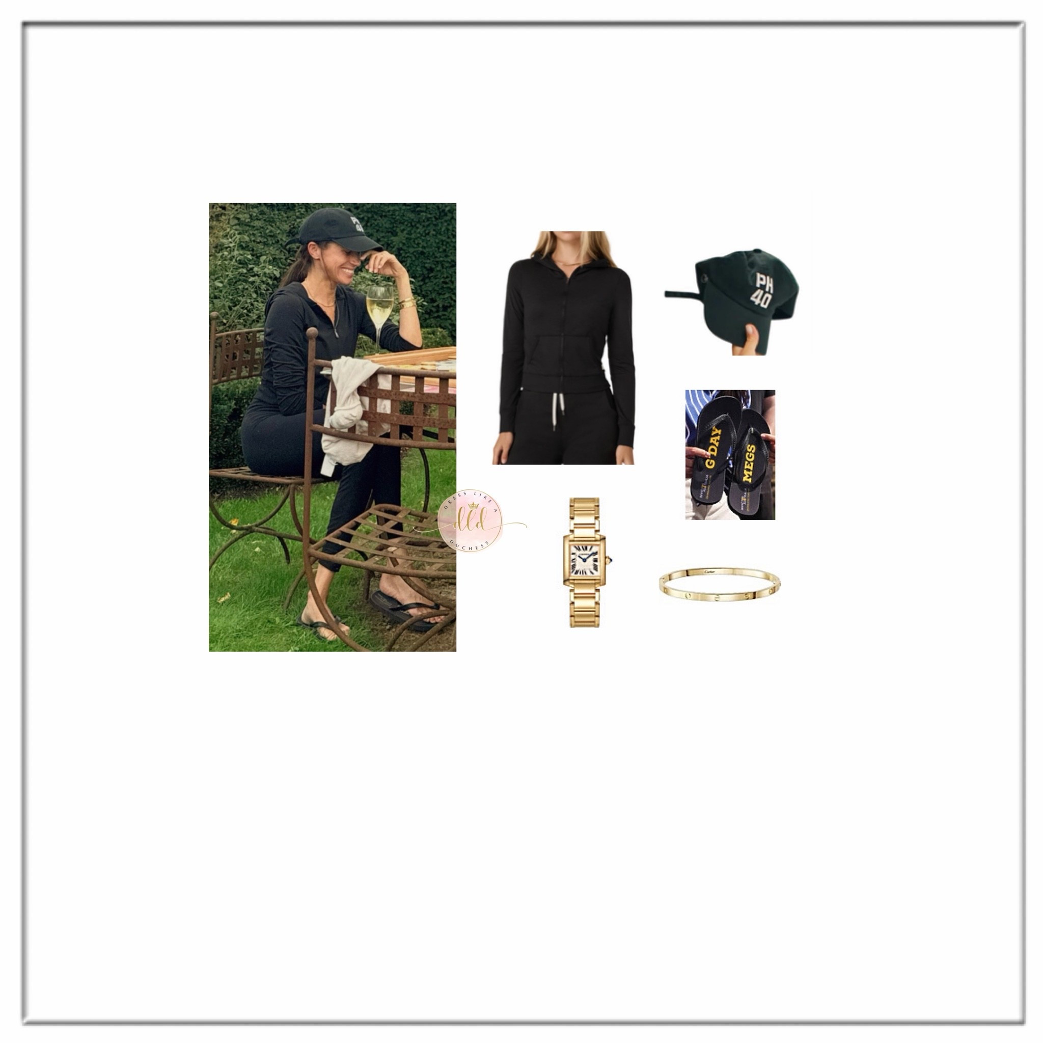 9/23/26 Meghan Markle playing Mahjong in the Cotswolds with Kelly Zajfen (Heartmom) wearing Vuori Halo zip hoodie + Invictus Australia Megs flip flops (custom) + Prince Harry 40th birthday hat
