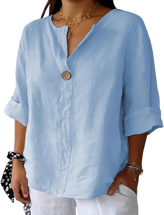 ForHailey Women's Plus Size Linen Tops Summer 3/4 Sleeve Blouse Shirts | v neck,cotton,botton dow... | Amazon (US)
