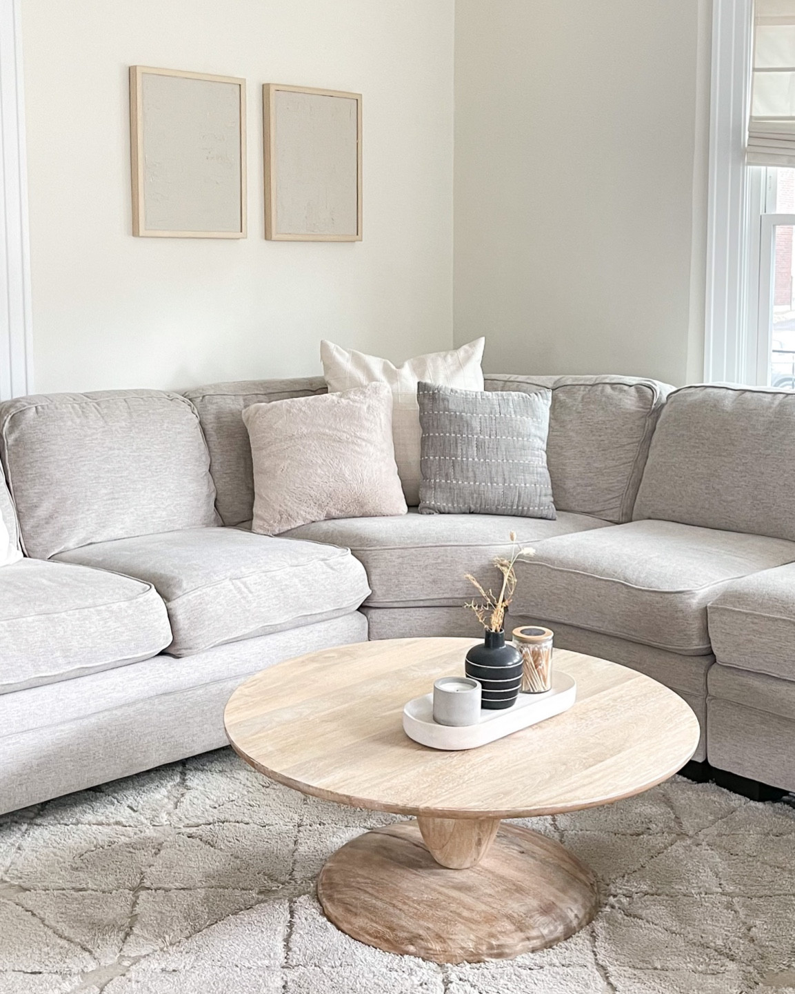 Modern neutral living room on a budget
Grey sectional home decor styling 
Wood white beige tan grey

#LTKhome