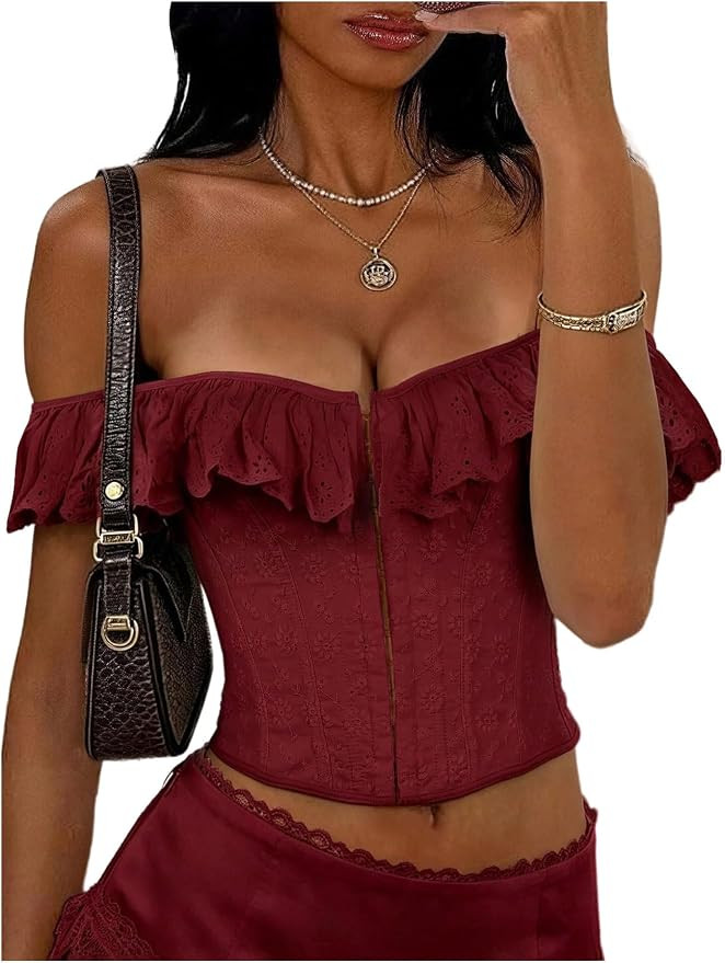 OYOANGLE Women's Off Shoulder Crop Corset Top | Amazon (US)