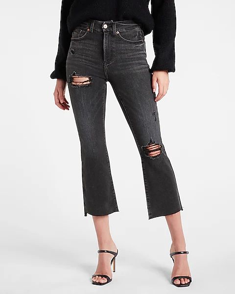 High Waisted Flexx Black Ripped Cropped Flare Jeans | Express