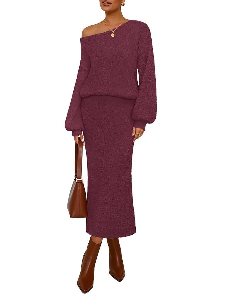 MEROKEETY Women's 2025 Fall Fuzzy 2 Piece Outfit Winter Long Sleeve Off Shoulder Pullover Top Mid... | Amazon (US)