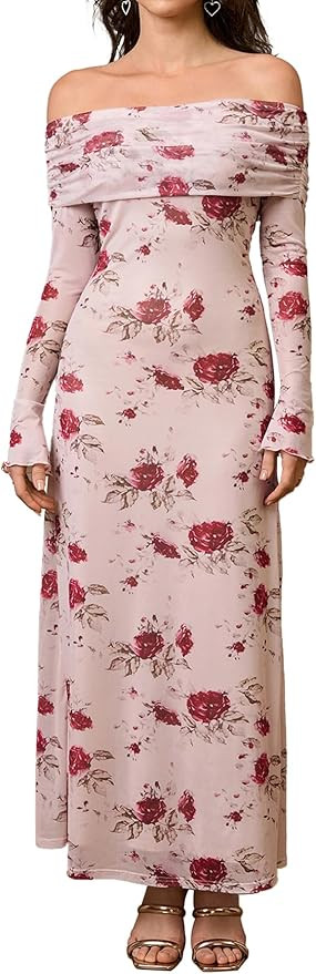 KUTUMAI Women Off Shoulder Bodycon Maxi Dress Long Sleeve Mesh Ruched Party Formal Wedding Guest ... | Amazon (US)