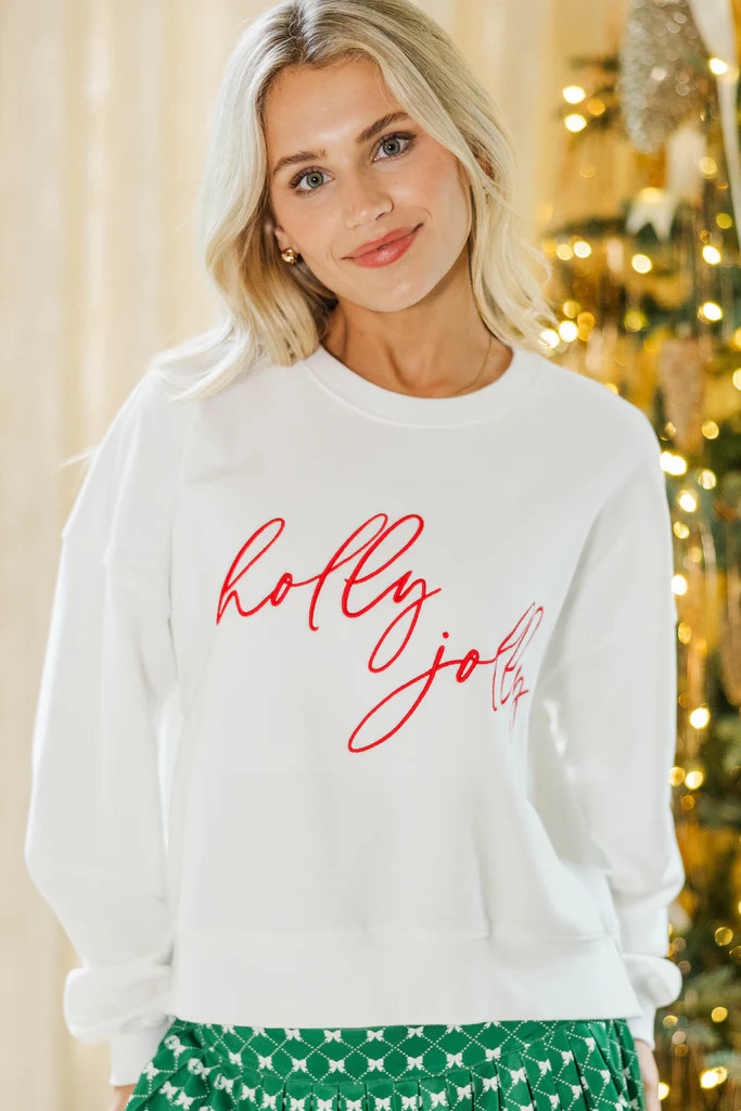 Holly Jolly White Embroidered Sweatshirt | The Mint Julep Boutique