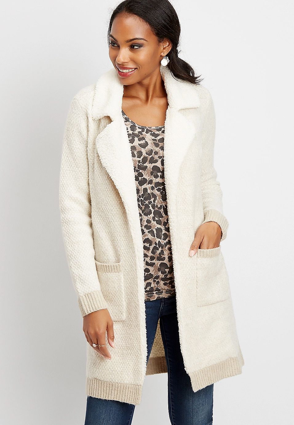 sherpa open front sweater duster cardigan | Maurices