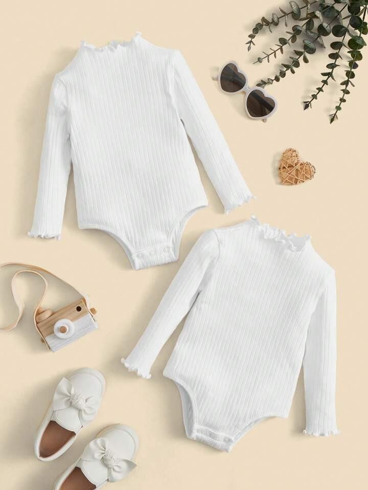 SHEIN Baby Girl 2pcs Lettuce Trim Ribbed Knit Bodysuit | SHEIN