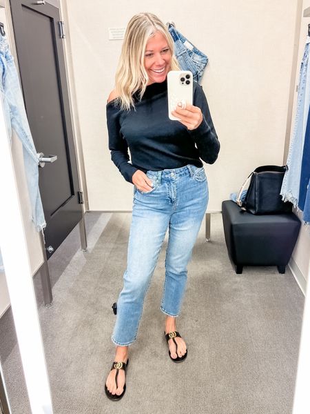 Love these Nordstrom Pistola light wash straight leg crop jeans with an off the shoulder free people top and Gucci sandals. Size small sweater and 26 jeans. Jeans denim sweaters fall fashion outfit ideas 

#LTKstyletip #LTKSeasonal