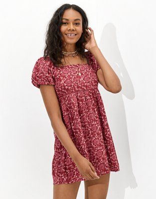 AE Puff-Sleeve Babydoll Mini Dress | American Eagle Outfitters (US & CA)