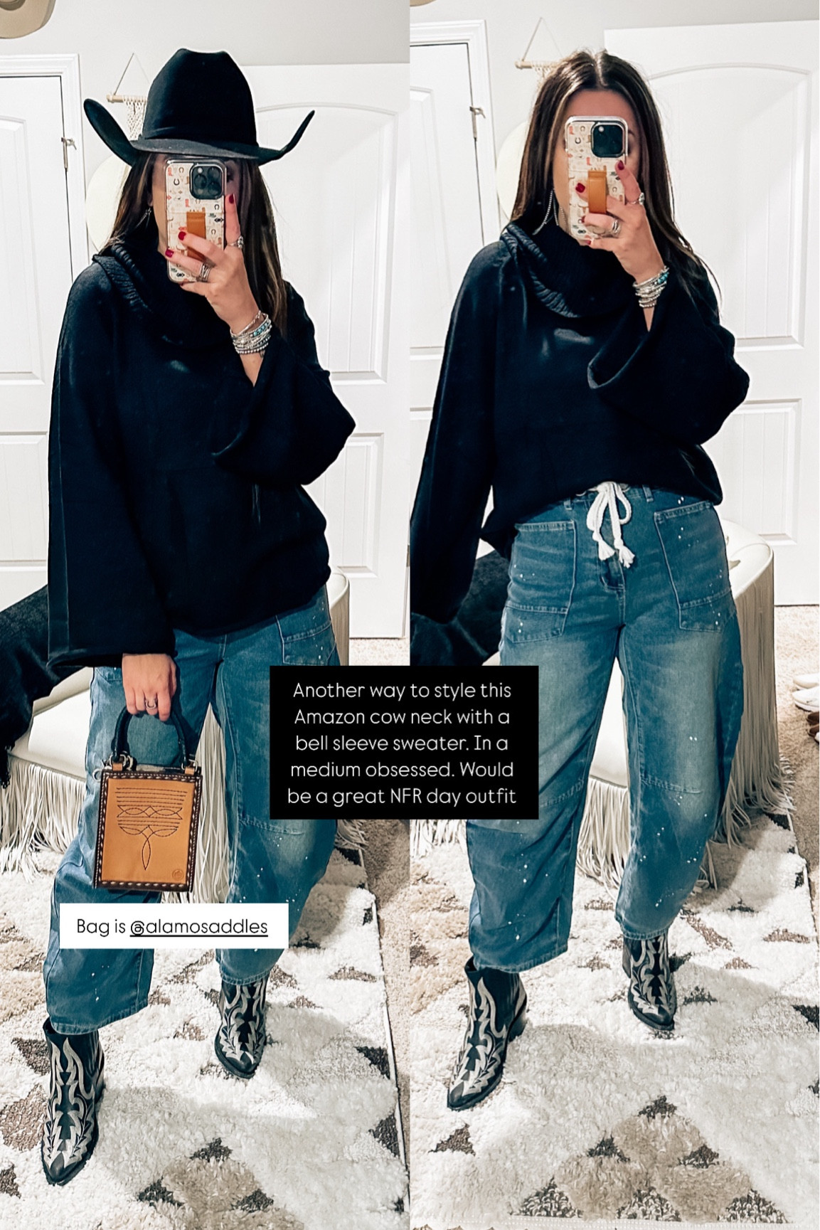 NFR fashion - western fashion Amazon outfit wearing a medium in this cow neck bell sleeve black, whatever from Amazon qualities to not attend, wearing a medium, and these bale barrel jeans with a rope belt from Amazon as well



#LTKHoliday #LTKSeasonal #LTKFindsUnder50