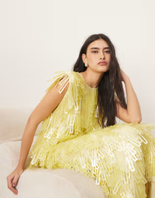 ARRANGE embellished geo sequin shoulder pad midi dress in lemon | ASOS (Global)