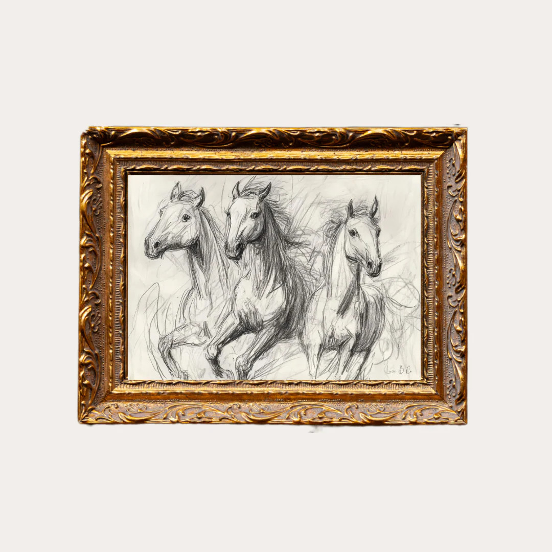Horse Sketch | French Brass Inspired Gold Mould Framed Art | luxe bCO