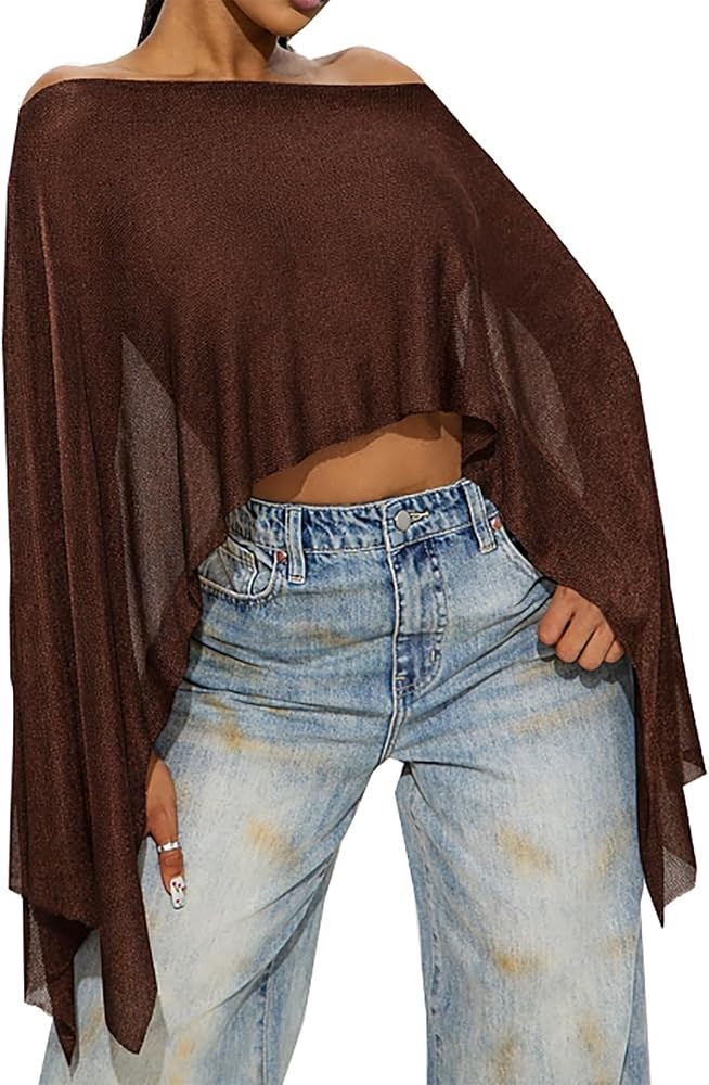 Women Sheer Mesh Poncho Top Sparkly Lightweight Knit Shrug See Through Beach Cover Up Formal Wedd... | Amazon (US)