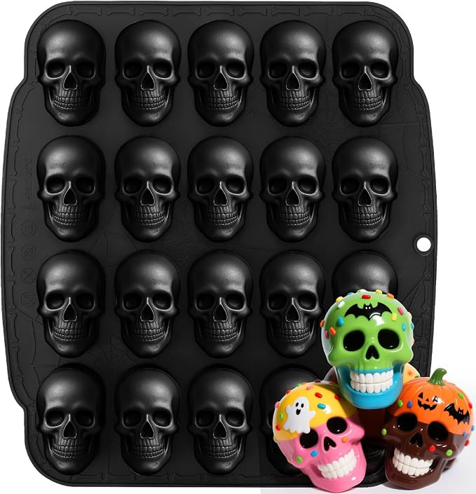 Skull Mold for Food with 20 Cavity, 3D Skull Baking Pan, Non-Stick Halloween Silicone Mold for Ch... | Amazon (US)