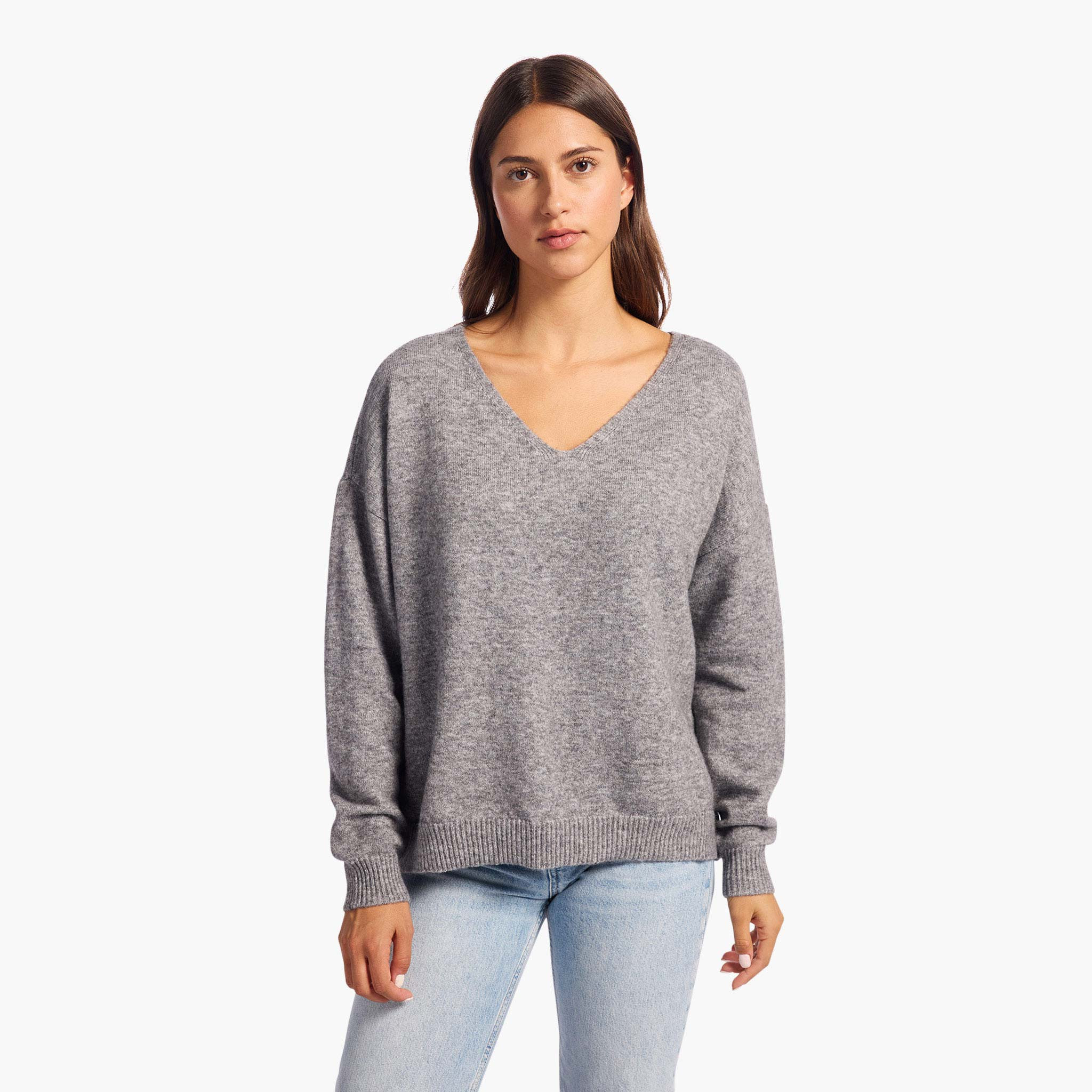 Cozy Knit V-Neck Sweater | Heather Bone | Nuuds US