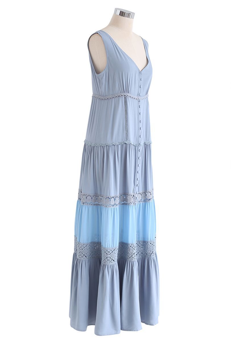 Crochet Trims Panelled Button Down Sleeveless Maxi Dress in Dusty Blue | Chicwish