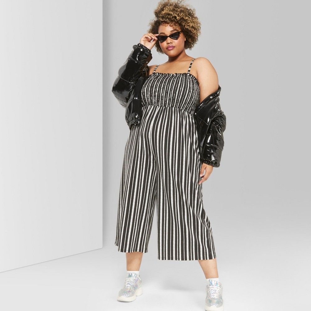 Women's Plus Size Striped Strappy Knit Smocked Top Jumpsuit - Wild Fable Black/White 3X | Target