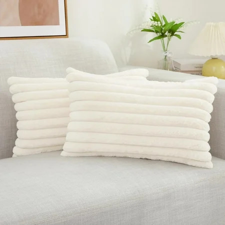 decorUhome Pack of 2 Faux Fur Plush Throw Pillow Covers 12x20, Soft Fluffy Striped Decorative Couch Pillow Covers , Cream White | Walmart (US)