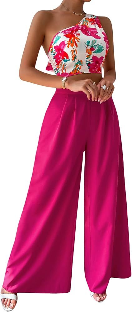 Floerns Women's One Shoulder Crop Top Wide Leg Long Pants Set Two Piece Outfit | Amazon (US)