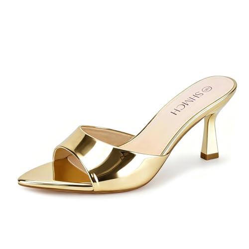 SHMCH Women’s Pointed Toe Mule Sandal Heels, Slip On Open Toe Gold Kitten Heels for Women, Heeled Sandals Mules for Party Dress | Amazon (US)