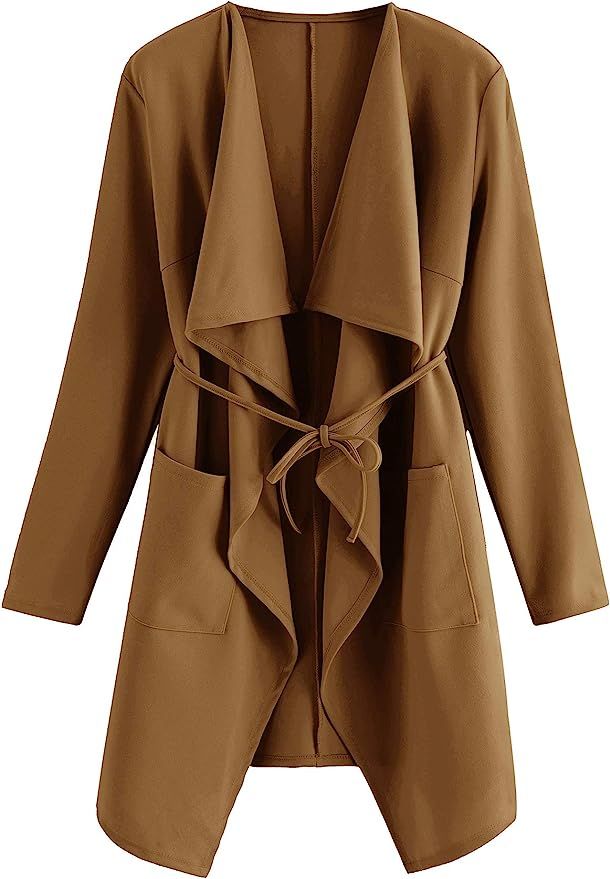 Romwe Women's Raw Cut Hem Waterfall Collar Long Sleeve Wrap Trench Pea Coat Cardigan | Amazon (US)