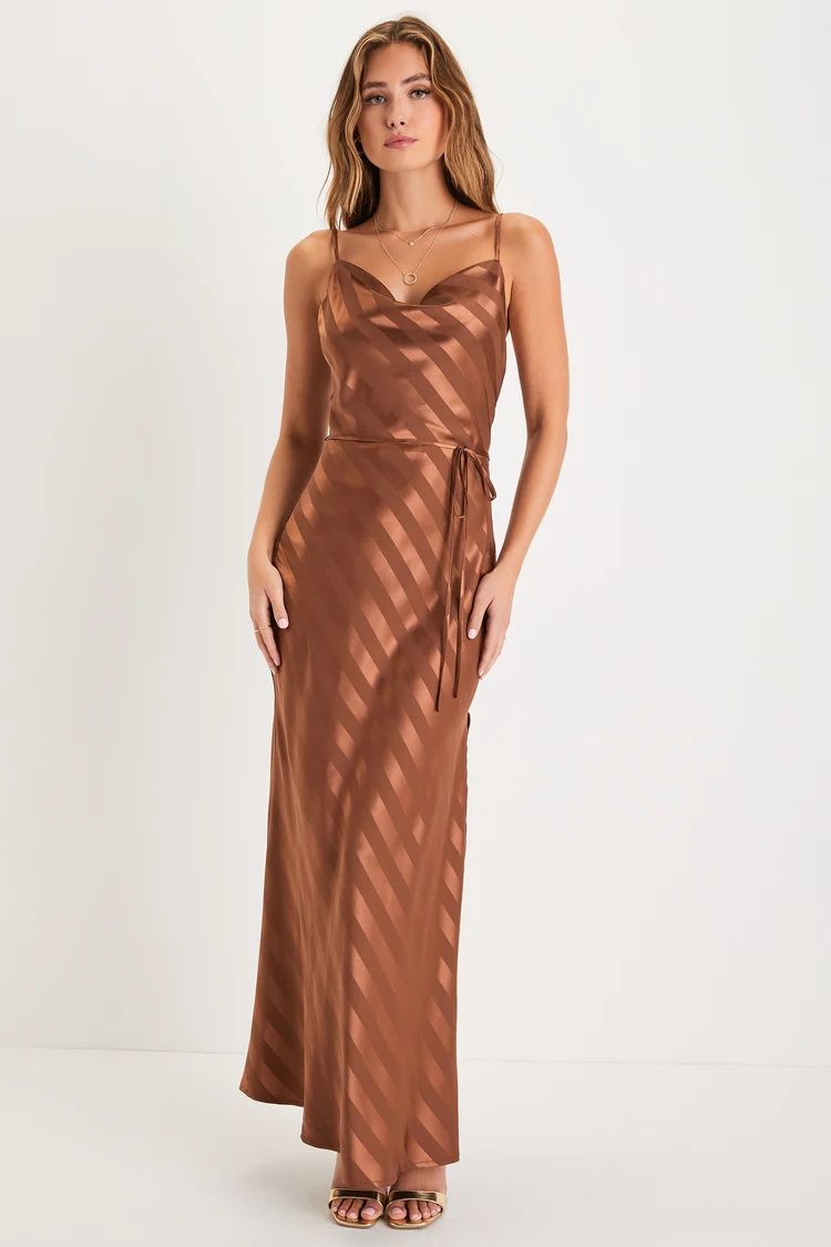 Sleek Sophisticate Bronze Satin Striped Backless Cowl Maxi Dress | Lulus