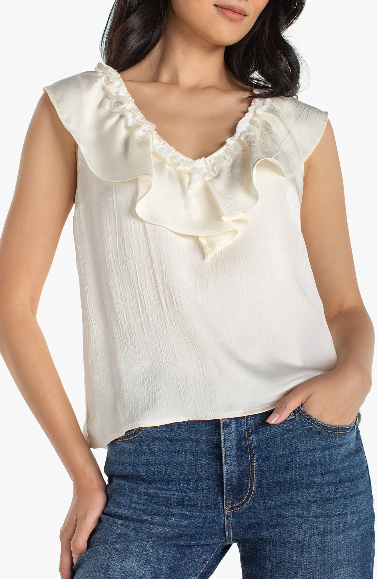 Liverpool Los Angeles Ruffle Sleeveless Mixed Media Top in French Vanilla at Nordstrom, Size X-Large | Nordstrom