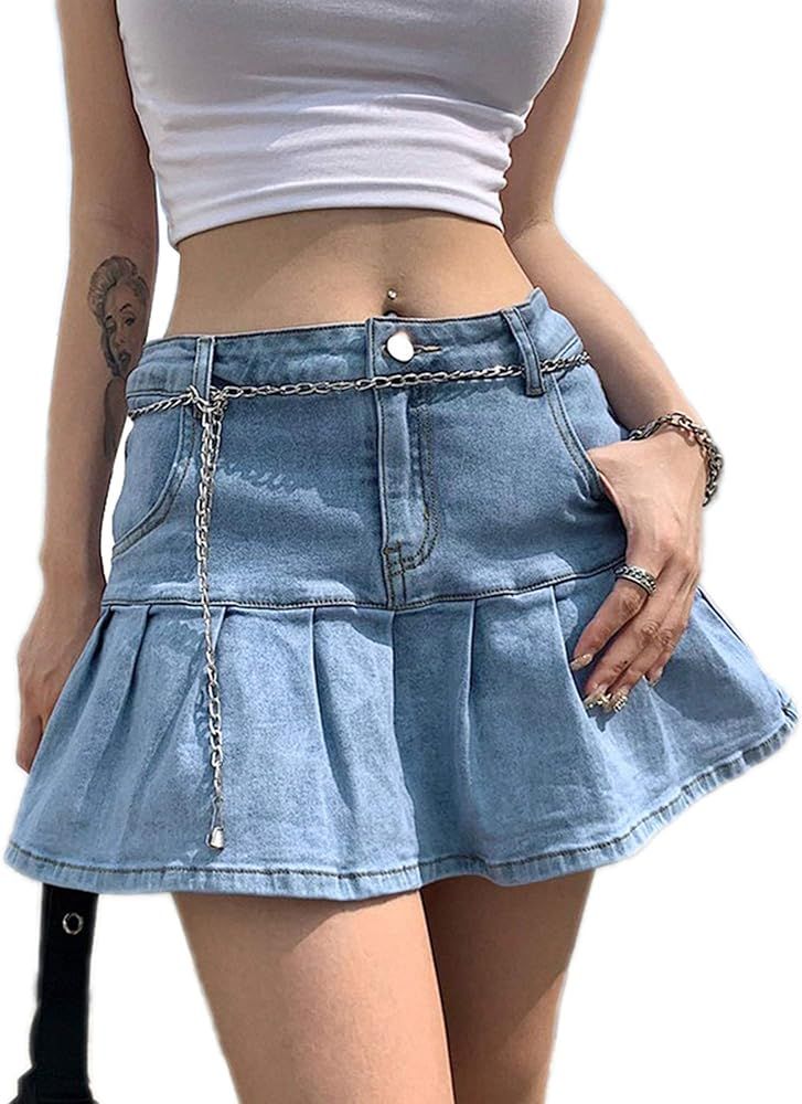 Jumpp Women's Casual Jean Mini Skirt Slim A-line Pleated Ruffle Short Denim Skirts (Light Blue, M... | Amazon (US)