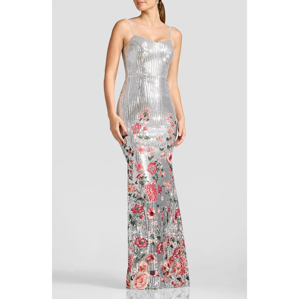 Dress the Population Giovanna Floral Embroidery Sequin Mermaid Gown in Silver Multi at Nordstrom, Size Small | Nordstrom