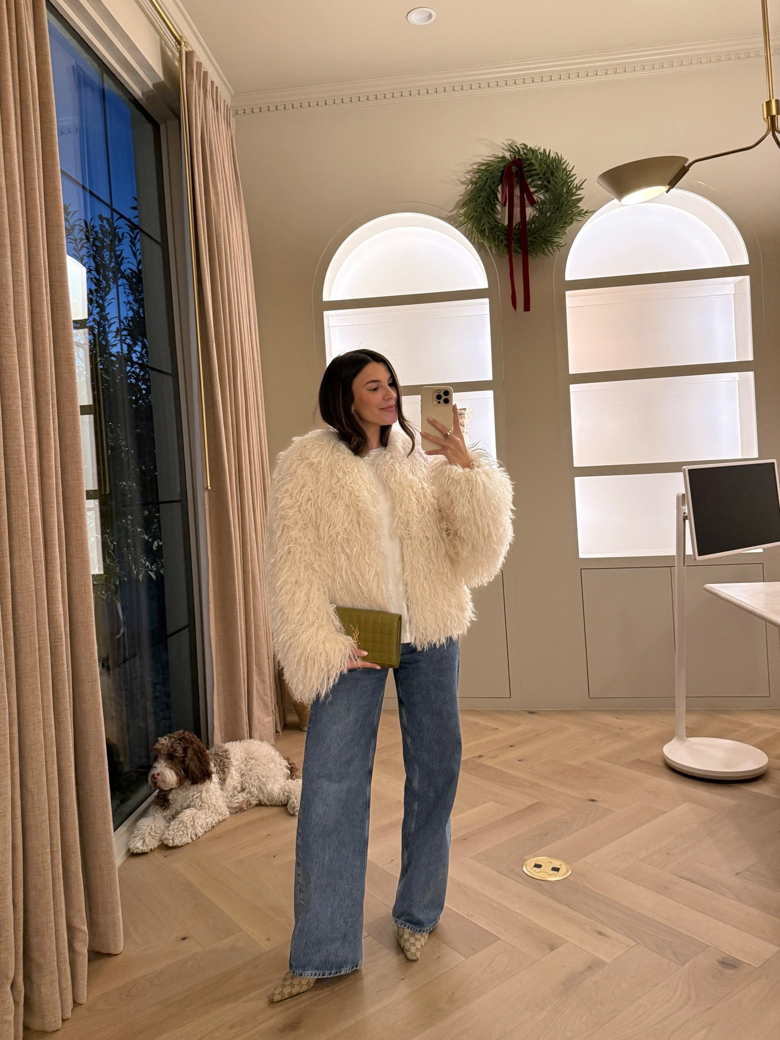 Night out! Obsessed with this Abercrombie fur jacket— wearing size small! The BEST basic tee size M, and fav jeans size 25! Bag is Vivrelle! 

Holiday night out, holiday look, Abercrombie coat, Abercrombie jacket, basic tee, Agolde jeans, holiday look!