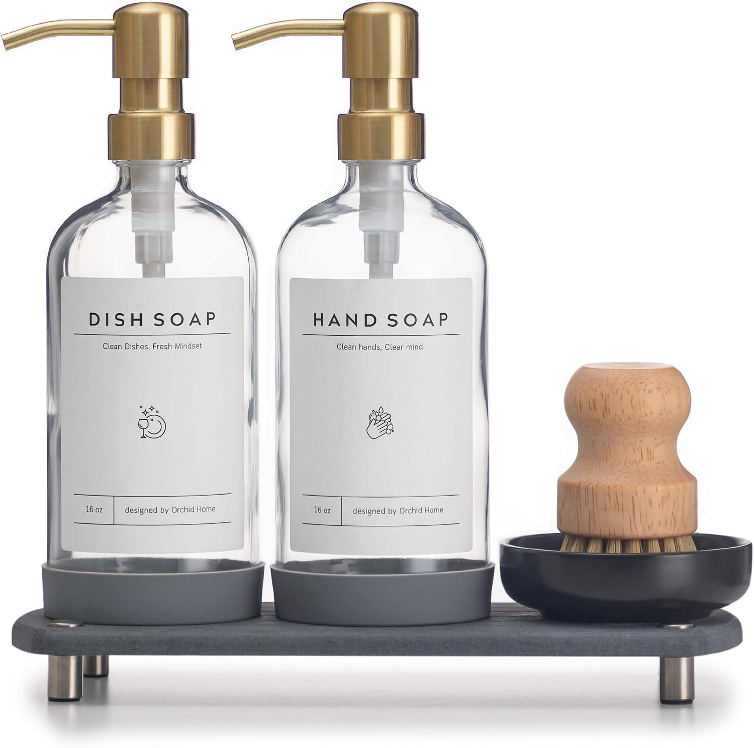 [Luxury] Kitchen Soap Dispenser Set - 16OZ Clear Glass Bottle, Stainless Steel Pump, Instant Dry Tray, Waterproof Labels, Non-Slip Silicone Pad, and Dish Brush | Upgrade for Your Kitchen and Bathroom | Amazon (US)