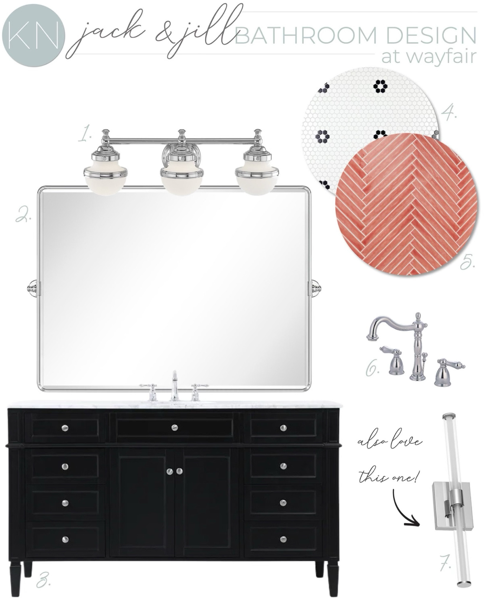 Our Jack and Jill bathroom is due for an update and I’ve developed some design plans to assist with my choices. This plan features a black vanity, a triple light sconce and two different tiles, including one that will add a pop of color. home decor bathroom decor bathroom makeover bathroom tile faucet bathroom lighting Wayfair find#LTKStyleTip

#LTKSaleAlert #LTKHome