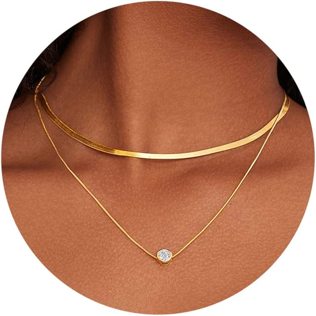 iF YOU 18K Gold Plated Dainty Necklaces for Women, Trendy Herringbone Gold Choker Necklace, Simpl... | Amazon (US)