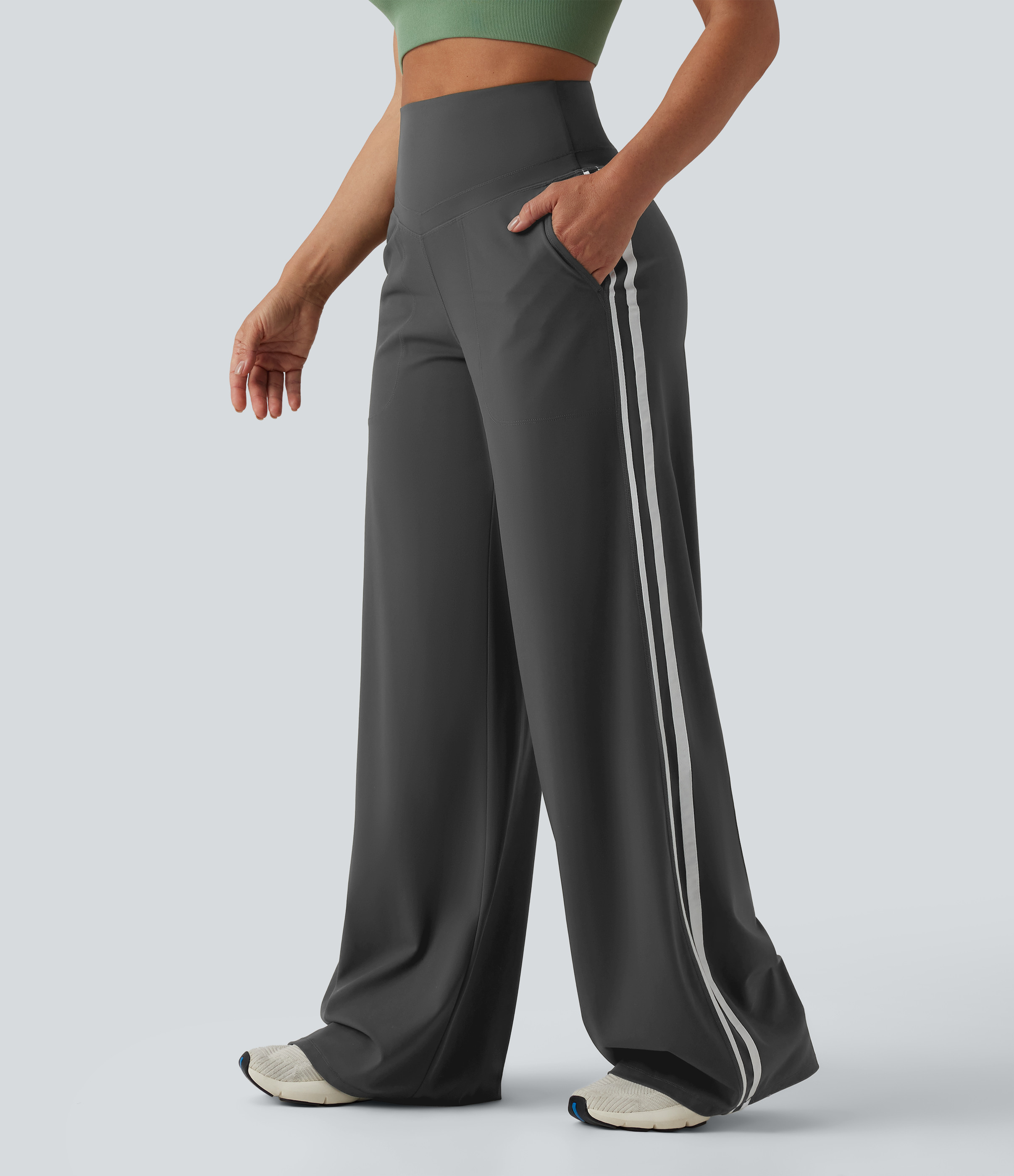 Halara Halara UltraSculpt™ High Waisted Tummy Control Color Block Stripes Yoga Baggy Pants with Pockets  - Volcanic Ash - L(regular) | HALARA