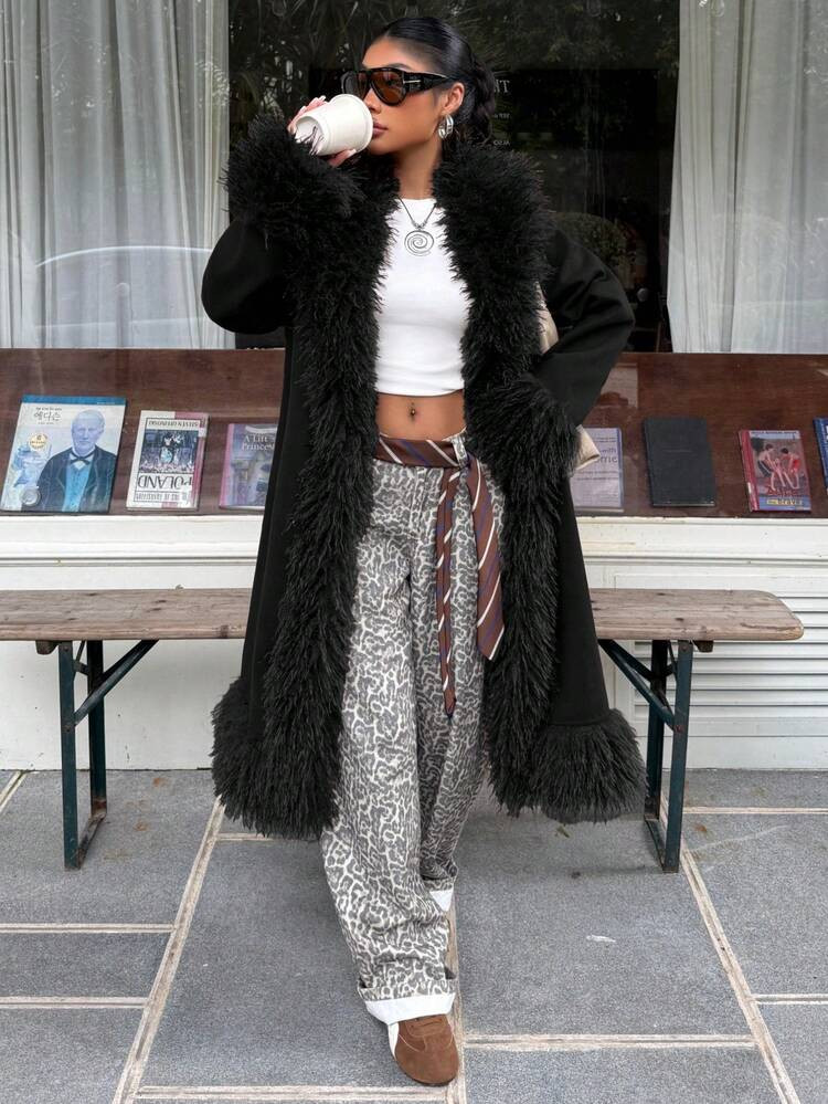 Muchica 1pc Women's Long Sleeve Faux Fur Long Fashionable Overcoat, Black Fuzzy Jacket Cardigan Cropped Fur Coat Crop Top Fur Jacket | SHEIN