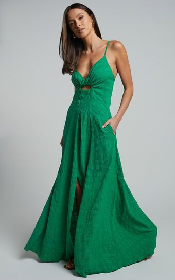 Marisse Maxi Dress - Cut Out Front Split Cross Back Textured Dress in Green | Showpo (US, UK & Europe)