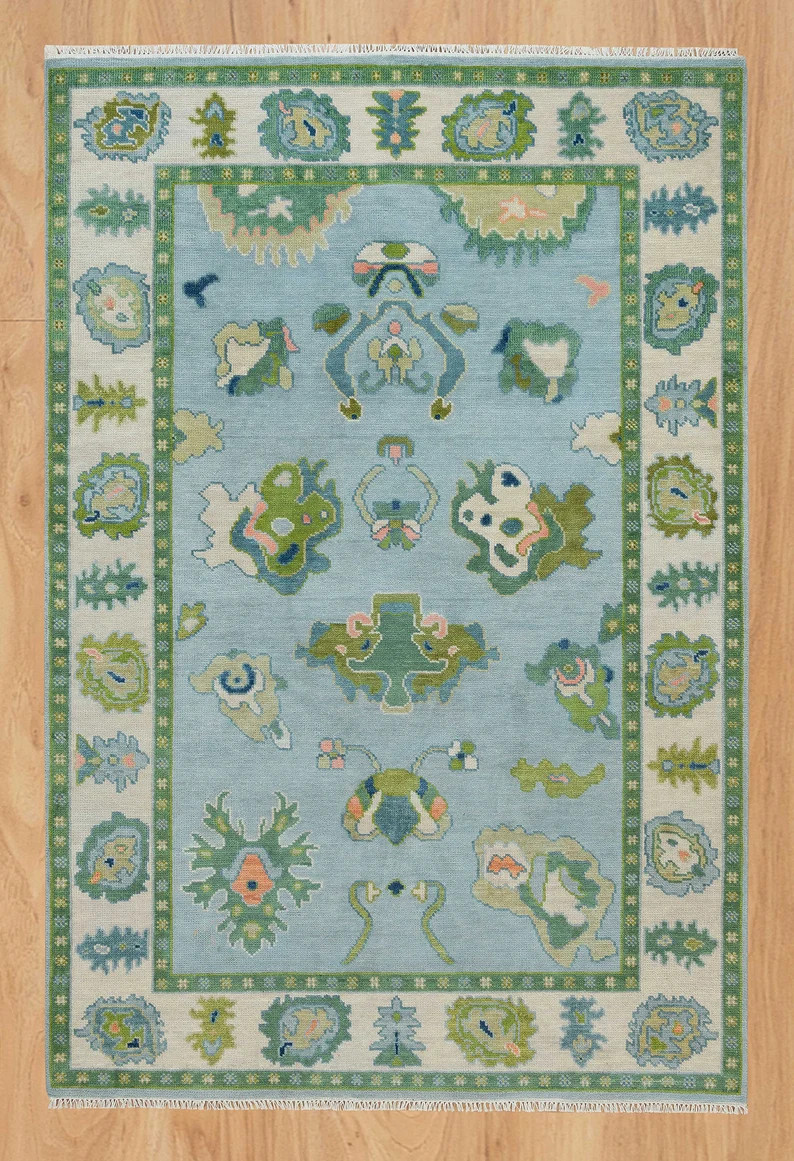 Green Oushak Rug With Blizzard Blue Accent : Modern Coastal Comfort AR_3625 | Etsy (US)