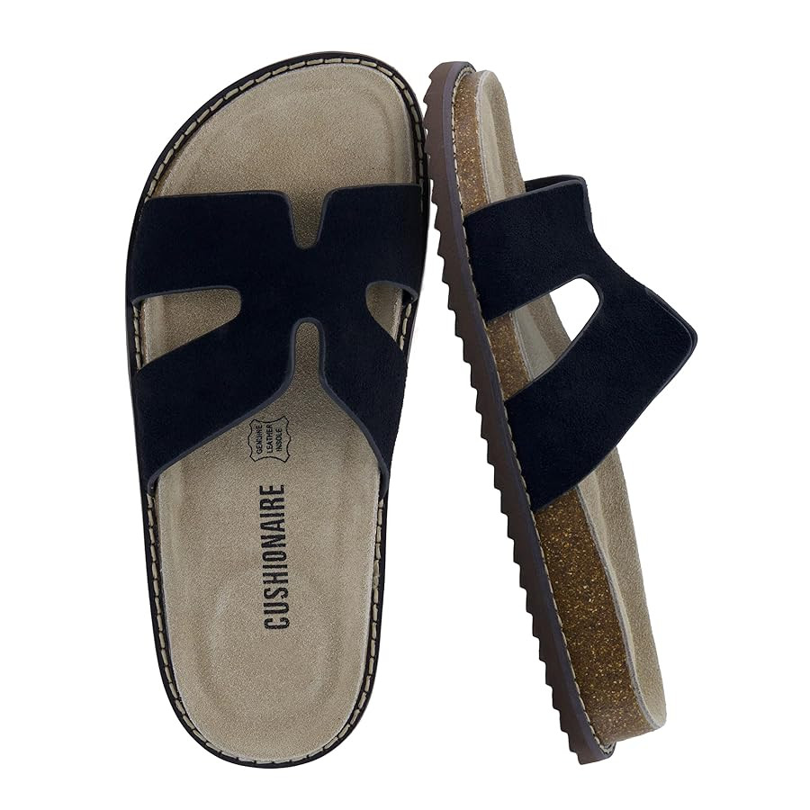 CUSHIONAIRE Wisdom Womens Sandals Cutout Strap Genuine Leather Slides – Slip On Cork Footbed Sa... | Amazon (US)