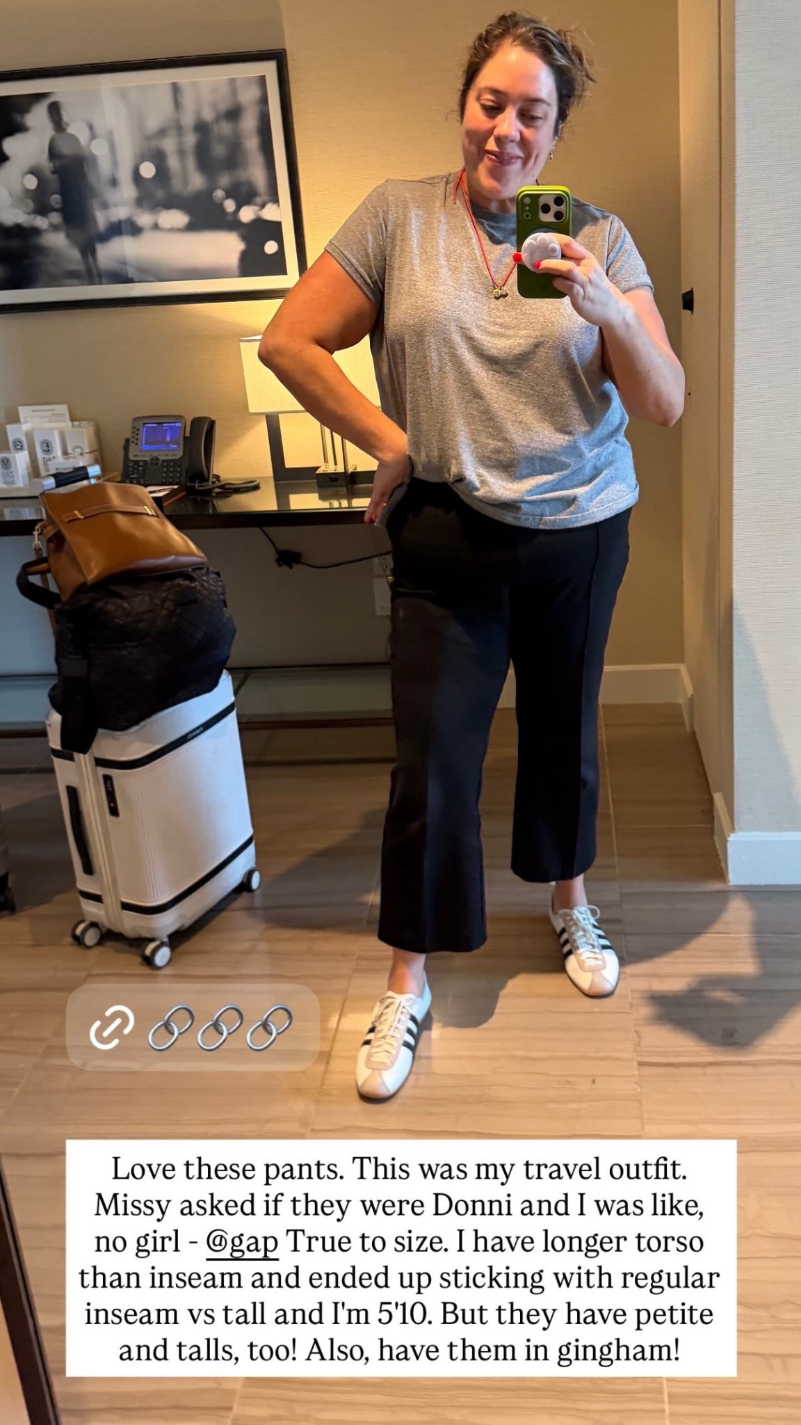 Love these pants. This was my travel outfit. Missy asked if they were Donni and I was like, no girl - @gap True to size. I have longer torso than inseam and ended up sticking with regular inseam vs tall and I'm 5'10. But they have petite and talls, too! Also, have them in gingham!

#LTKTravel #LTKPlusSize #LTKootd