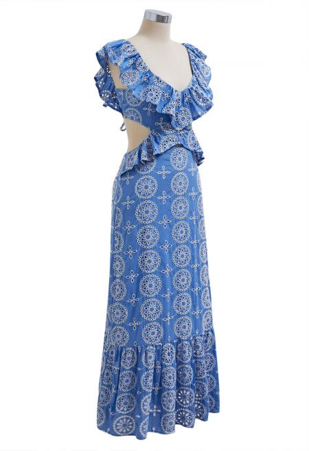 Open Back Ruffle Floral Embroidery Eyelet Maxi Dress | Chicwish