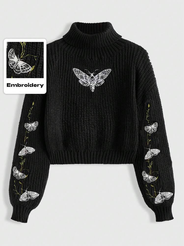 ROMWE Goth Plus Size Moth & Butterfly Vine Embroidery Pullover Sweater | SHEIN
